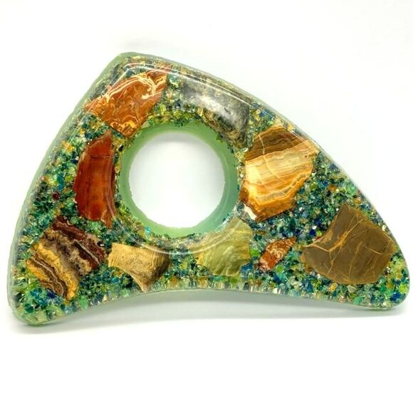 Vintage Green Lucite Boomerang Atomic MCM Ash Tray Jade Brown Geode Stone Decor - Picture 1 of 9